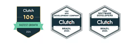 Certificados da empresa Clutch para a Nextage, Top 100 Fastest Growth 2024, Top APP Development Company Brazil 2024 e Top Software Developers Brazil 2024